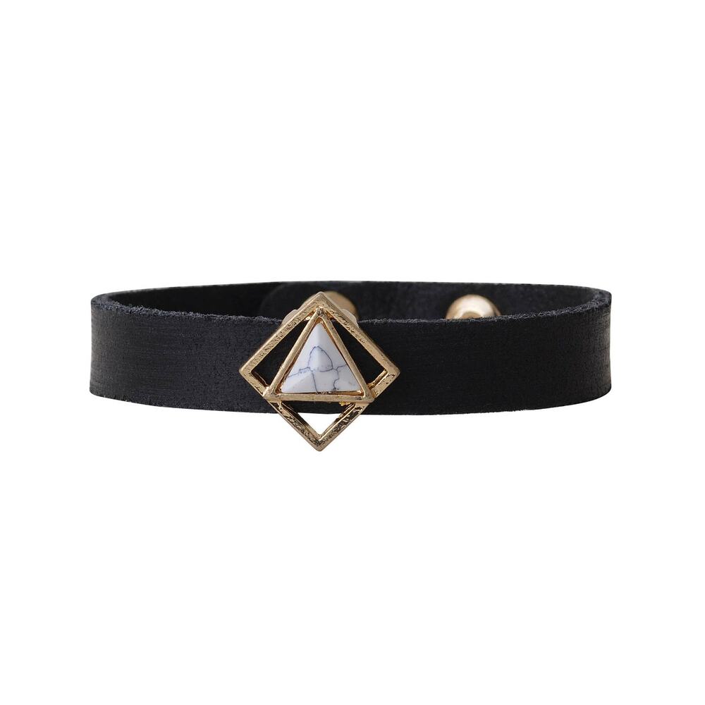 Triangle White Marble Stone Leather Wrap Bracelet Black